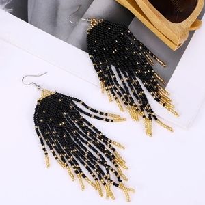 Handmade Beaded Colorful Fringe Earrings in Black and Gold Glitter